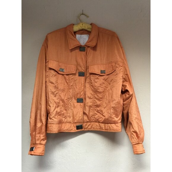 Bobbie Burns Womens Large Snap Front Beaded Back Bomber Jacket Orange Pocket - Picture 1 of 12